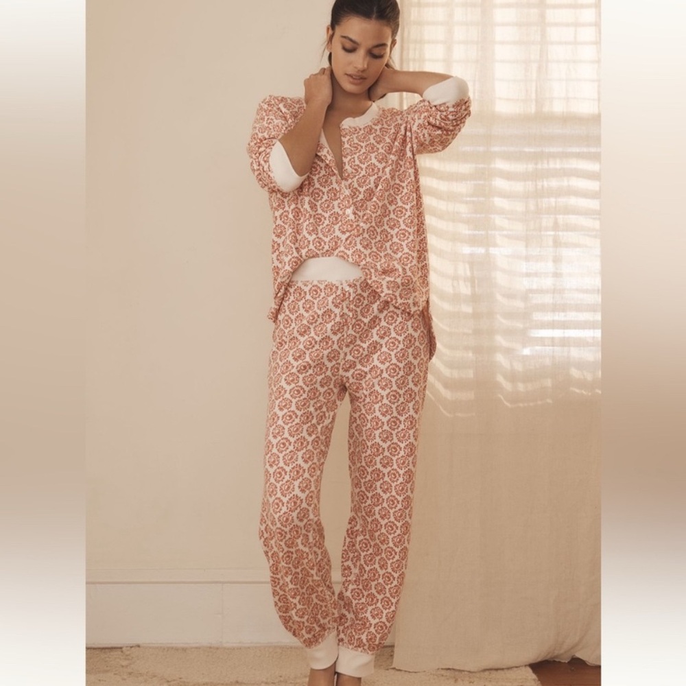 ANTHROPOLOGIE NWT $68 Waffle Jogger PJ cotton/modal Lounge Sz Small Red Motif